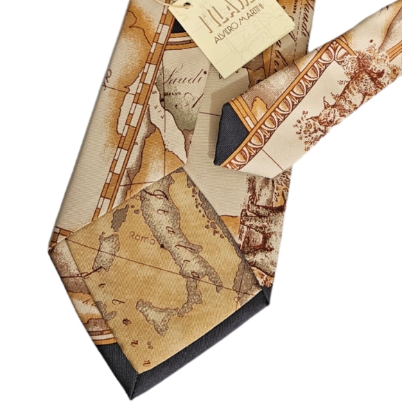 ALVIERO MARTINI Beige Map Silk LUXURY Tie ITALY - Picture 5 of 5